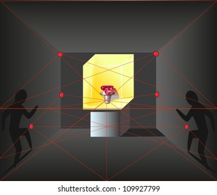 Vector Illustration of the stealing robbers up to the glass case with a red diamond