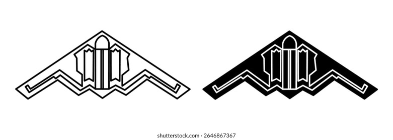 Vector illustration of a stealth bomber aircraft in two styles: outline and solid. B2 Bombers Spirit. Modern military plane icon perfect for aviation, defense, war, or technology themes.