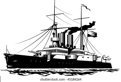 Vektorgrafik eines Dampf-Battleship, schwarz-weiß