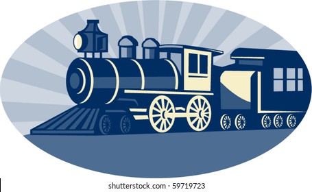 Vector Illustration Of A Steam Train Or Locomotive Side View Set Inside An Oval