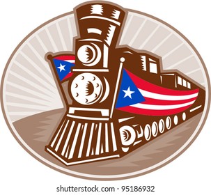 vector Illustration of a steam train locomotive with American stars and stripes flag dome in retro woodcut style.