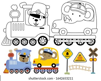Vector illustration of steam train transport a car, with cute animals, coloring book or page