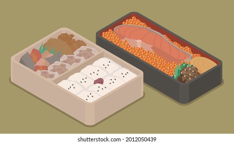 ilustración vectorial de los maniquíes de carne al vapor bento y salmón roe bento