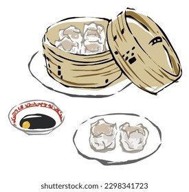 Vector illustration of steamed meat dumpling  in a basket used for steaming food
