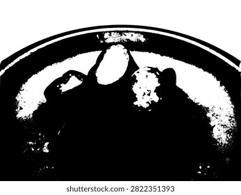 Vector illustration of steamed sweet potatoes on a plate in high contrast black and white stencil silhouette. Traditional Asian food graphic.