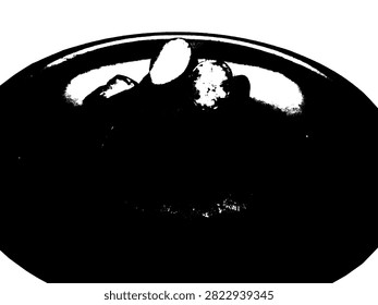 Vector illustration of steamed sweet potatoes on a plate in high contrast black and white stencil silhouette. Traditional Asian food graphic.