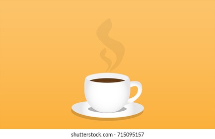Vector illustration of steaming coffee in a white cup on yellow background.