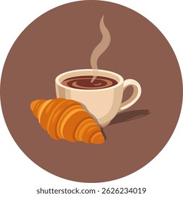 Vector illustration of a steaming cup of coffee with a golden croissant on a brown background. Cozy and inviting breakfast concept in warm tones.