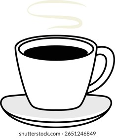 Ilustração vetorial de uma xícara fumegante de café quente com pires, isolado no fundo branco