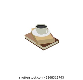 vector illustration of a steaming cup of tea coffee resting on an open book