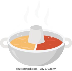 Vector illustration of a steaming hot pot with dual-flavor broth (Yuan-yang pot) separated into spicy and mild compartments