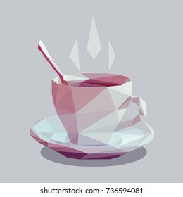 Vector illustration of steaming tea cup isolated on light background. Low poly style.