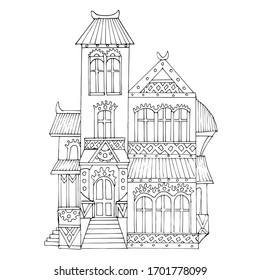 Vector illustration of a steampunk house. Victorian-style. Fantastic architecture. Coloring pages for children and adults. Isolated on a white background.