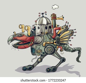 Vector illustration steampunk style, Bird - vehicle in steampunk world