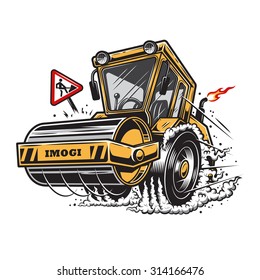 Vector illustration of steamroller with smoke under the wheels on white background