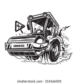 Vector illustration of steamroller with smoke under the wheels on white background. Monochrome style