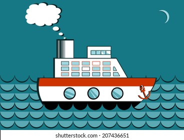 vector illustration of steamship on the background of the night sky. 