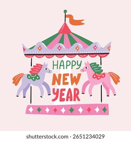 Vector illustration steed carousel with hourses and lettering - Happy new year. Symbol of New year 2026 print design with animals, greeting card or interior poster