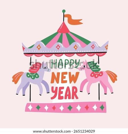 Vector illustration steed carousel with hourses and lettering - Happy new year. Symbol of New year 2026 print design with animals, greeting card or interior poster