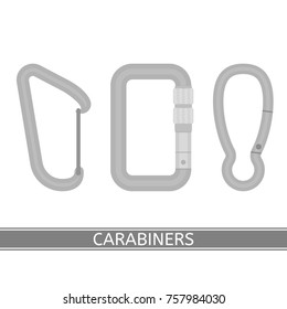 Vector illustration of steel carabiners isolated on white background, flat style. Equimpent for climbing, hiking, camping, mountaineering, sport.