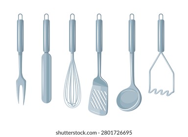 Vector illustration of a steel kitchen utensils set. Collection of six silver metallic cooking tools including whisk, spatula, ladle, fork and masher isolated on white.