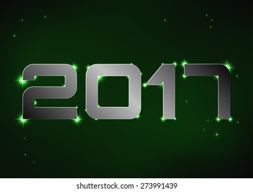 Vector illustration of steel metallic number 2017 over green night sky