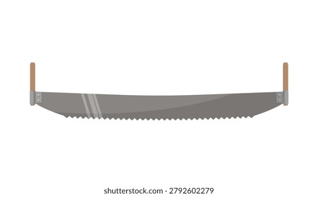 Vector illustration of a steel two hand crosscut saw with wooden handles. Isolated flat cartoon tool for forestry, rescue, and cutting concepts.