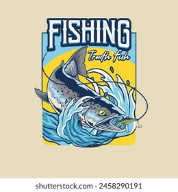 Vector Illustration of Steelhead Trout Fish with Fishing Bait and Waves with Vintage Illustration Available for Fishing Badge