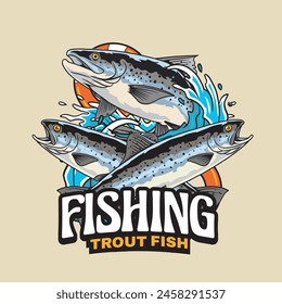 Vector Illustration of Steelhead Trout Fish with Float Tire and Waves with Vintage Illustration Available for Fishing Badge