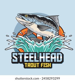 Ilustración vectorial de peces trucha Steelhead con neumático flotante y salpicadura de agua con la ilustración de Antiguas disponible para la insignia de pesca