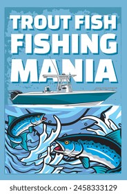 Vector Illustration of Steelhead Trout Fish with Boat and Waves with Vintage Illustration Available for Poster