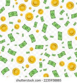 Vector illustration of Steem money. Random pattern of banknotes and coins in green and gold colors on transparent background (PNG). 