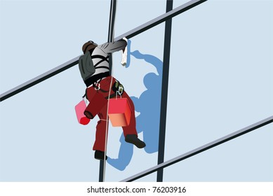 Vector illustration of steeplejack washes skyscraper's facade