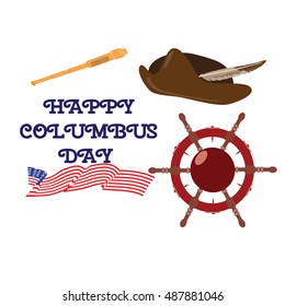 Vector illustration of a steering wheel, a spyglass and Columbus hat. Elements of Happy Columbus day design.