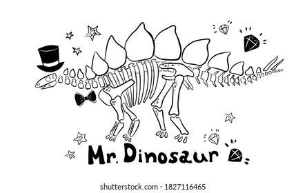 Vector illustration of Stegosaurus sceleton in top hat and juleries. Picture of mister dino with lettering.