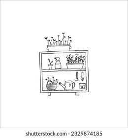 Vector illustration of a stele with potted plants. Shelf with microgreens. Growing microgreens.