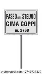 Vector illustration of the Stelvio Pass (Passo dello Stelvio in Italian) road sign on metallic pole