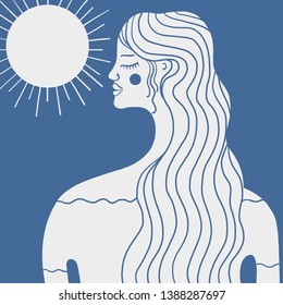 Ilustración vectorial de una galería de símbolos con la imagen de una niña en perfil sobre el fondo del sol. EPS 10