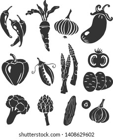 Ilustración vectorial del conjunto de verduras esténciles. Patatas, alcachofas, zanahorias, tomates, berenjenas, paprika, pimienta picante, pepino, espárragos, ajo, cebolla, guisantes, brócoli. Estilo pintado a mano.