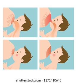 vector illustration steps by steps breastfeeding a baby, different position breast feeding baby, lactation baby milk