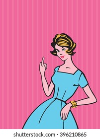 Vector illustration with stereotypical retro 1950s housewife making a rude gesture or giving the finger.