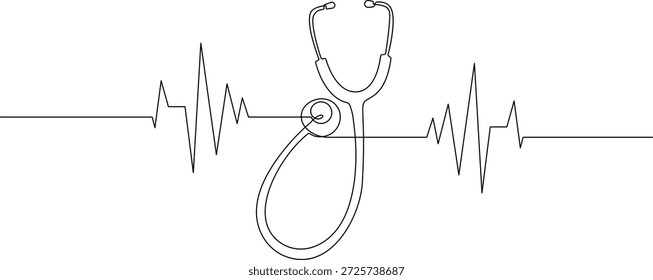 Ilustración vectorial de un estetoscopio y una onda de electrocardiograma en una línea
