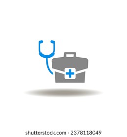 Vector illustration of stethoscope and first aid medical kit. Icon of medicine diagnosis. Symbol of emergency, ambulance.