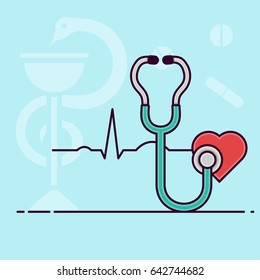 Vector illustration of a stethoscope in flat style. ECG and heart