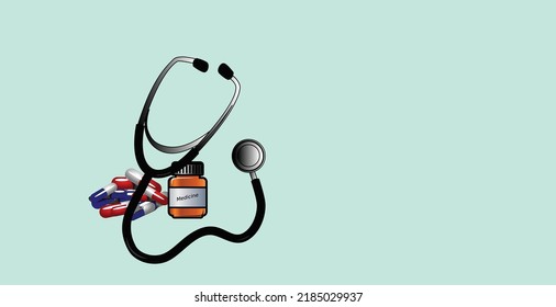 Vector illustration of Stethoscope, medicine bottle and capsules icons in medicine, medical, health, cross, healthcare for flyers, poster, web, banner, background, article, blog, cover.