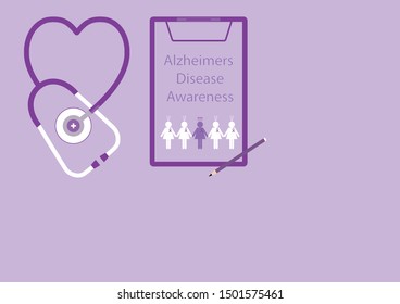 Vector illustration of Stethoscope and person with purple ribbon on purple background, Symbol of Alzheimers awareness, Healthcare and medicine concept.
