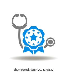 Vector Illustration Of Stethoscope With Reward Or Seal With Star. Symbol Of Patient Experience. Icon Of Medical Client Satisfaction.