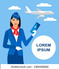 vector Illustration of stewardess dressed in blue uniform with tickets in hand
