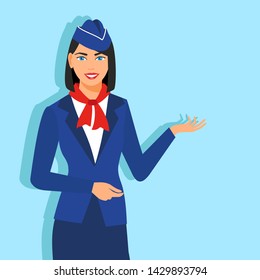 vector Illustration of stewardess dressed in blue uniform.