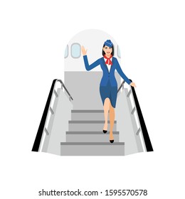 vector Illustration of stewardess dressed in blue. flight attendant goes down the plane, smiles and waves his hand